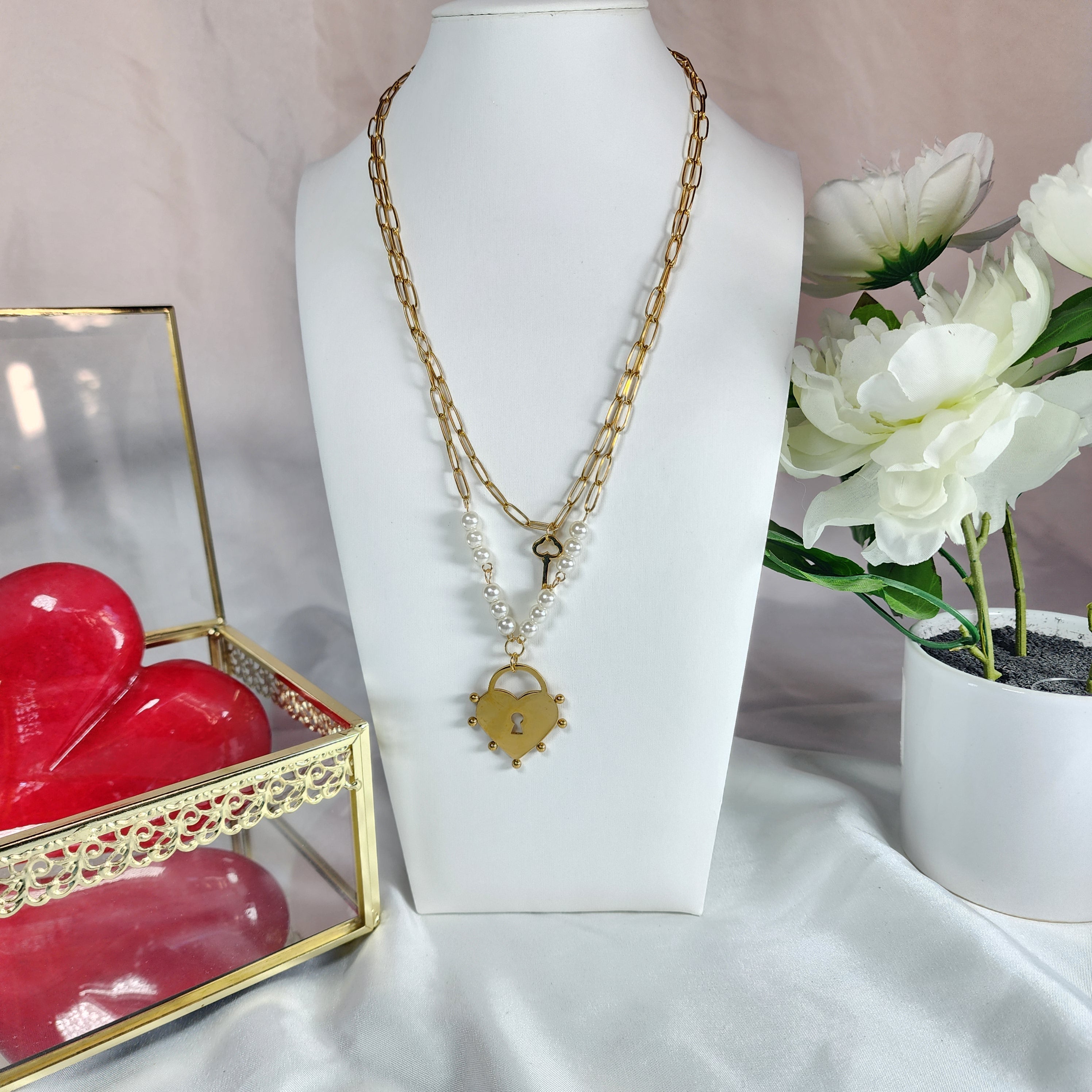 💮Collar de acero inoxidable con candado y llave en forma de corazón.📿 