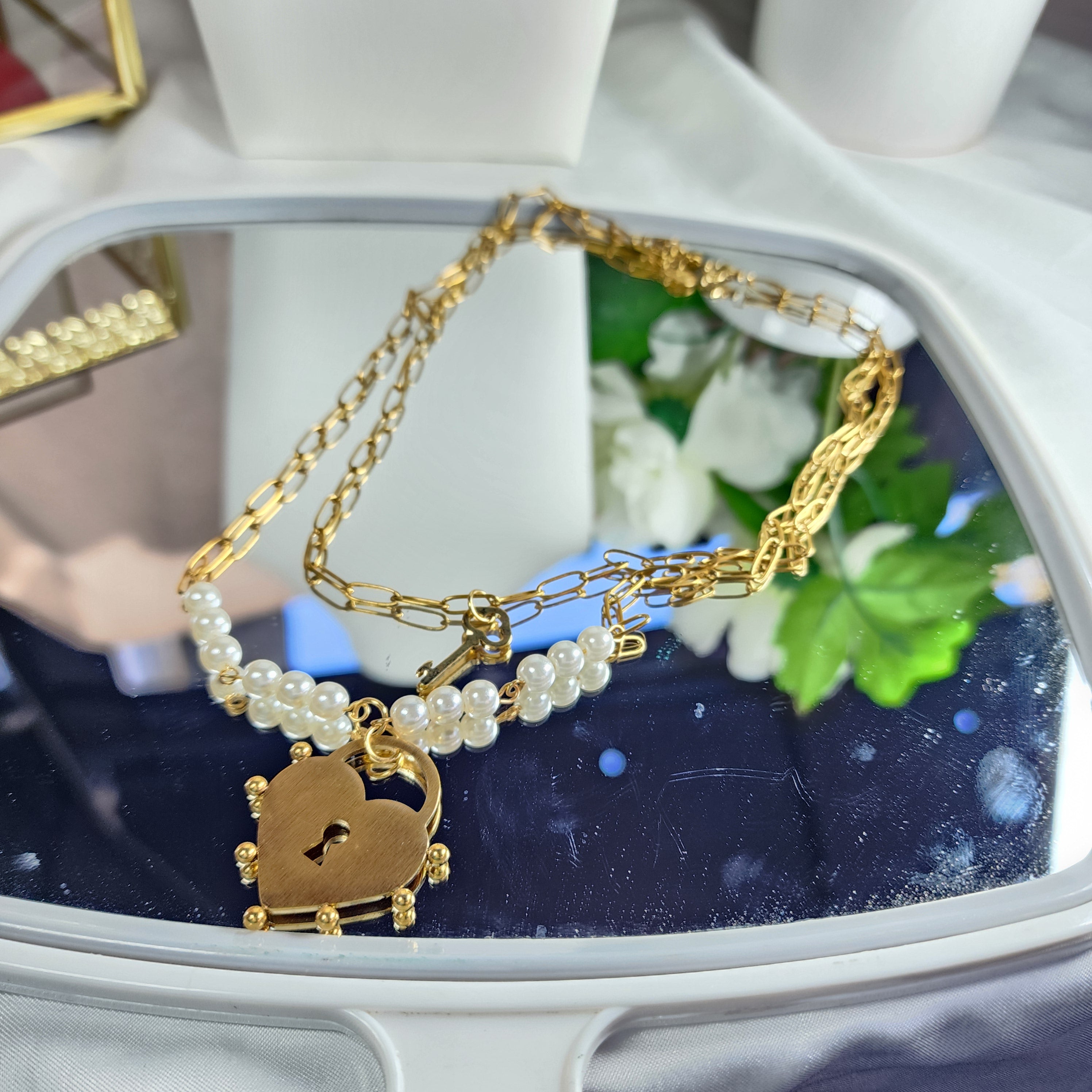 💮Collar de acero inoxidable con candado y llave en forma de corazón.📿 