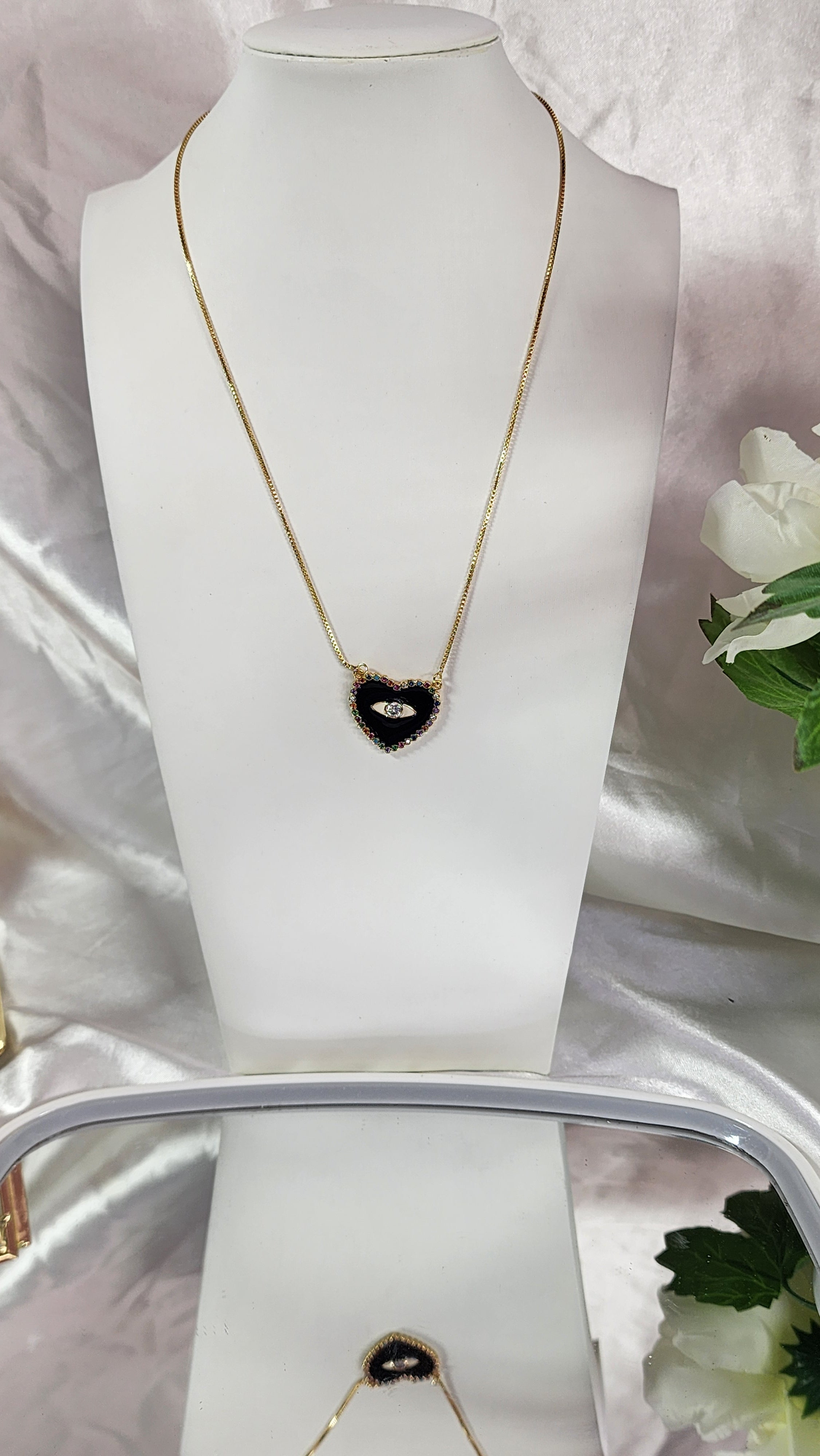 💮Evil eye pendant necklace. Black enamel heart pendant.📿