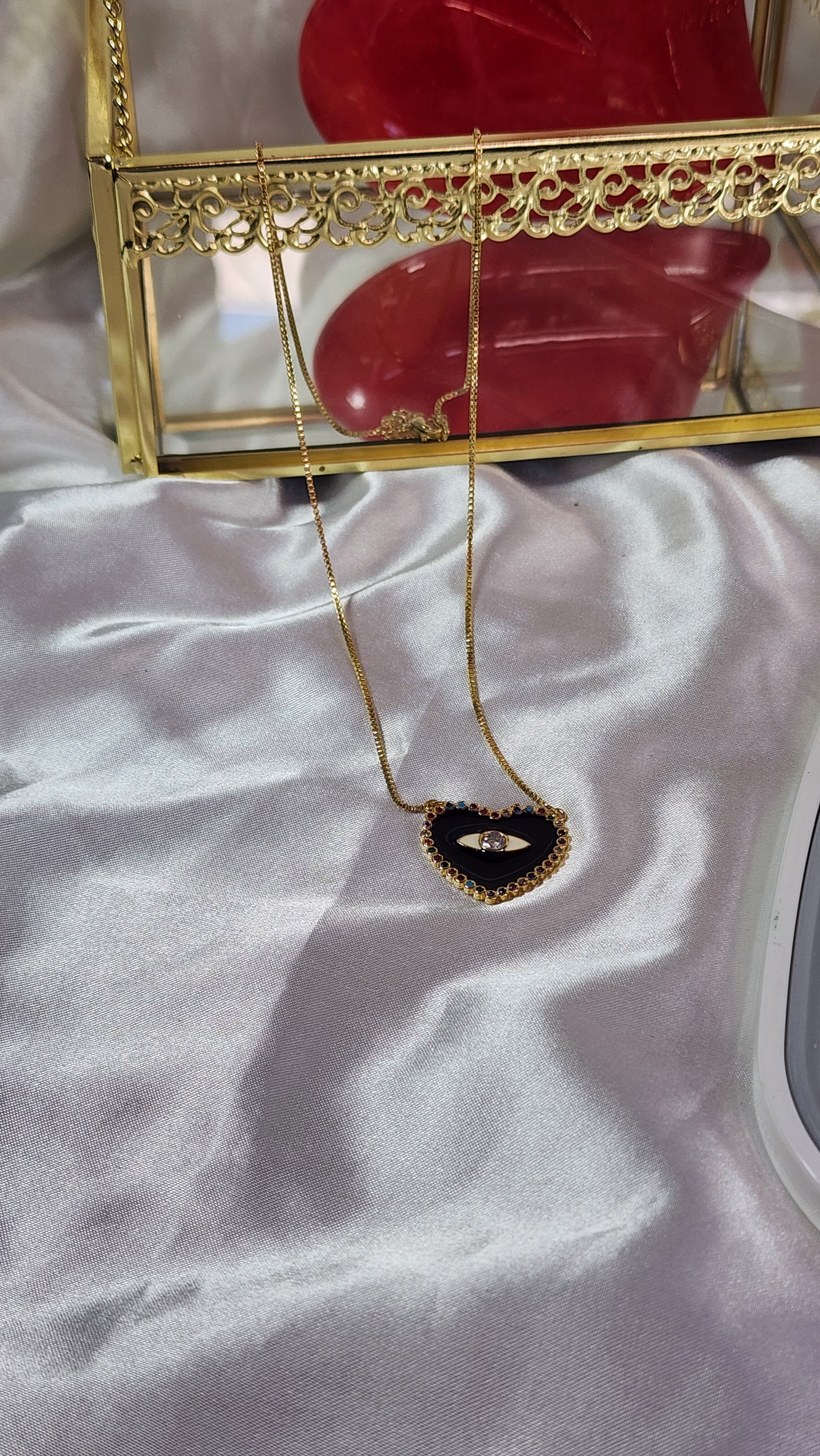 💮Evil eye pendant necklace. Black enamel heart pendant.📿