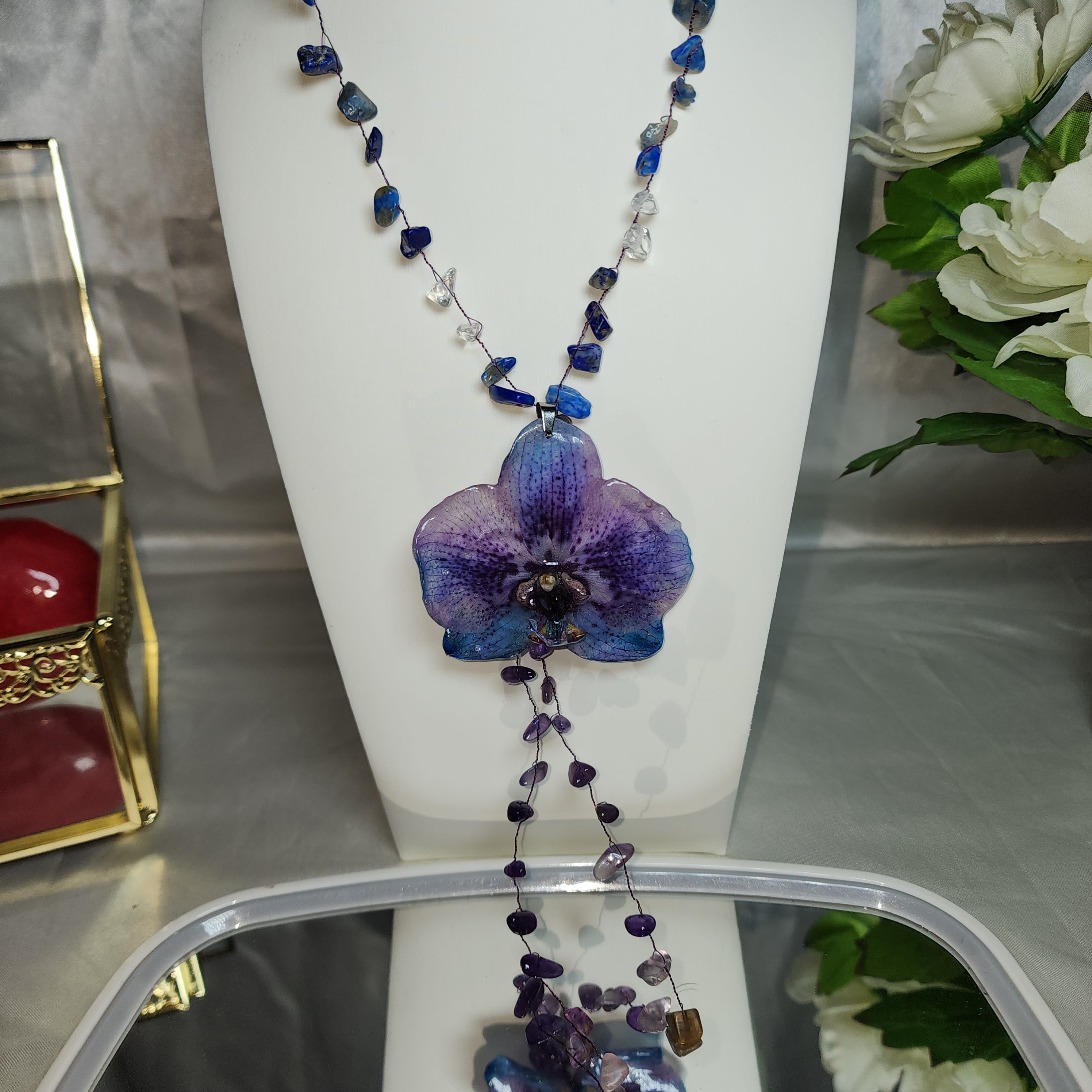 🏵️3-color pink Phalaenopsis orchid real flower necklace, preserved in resin, botanical jewelry, floral jewelry📿💞